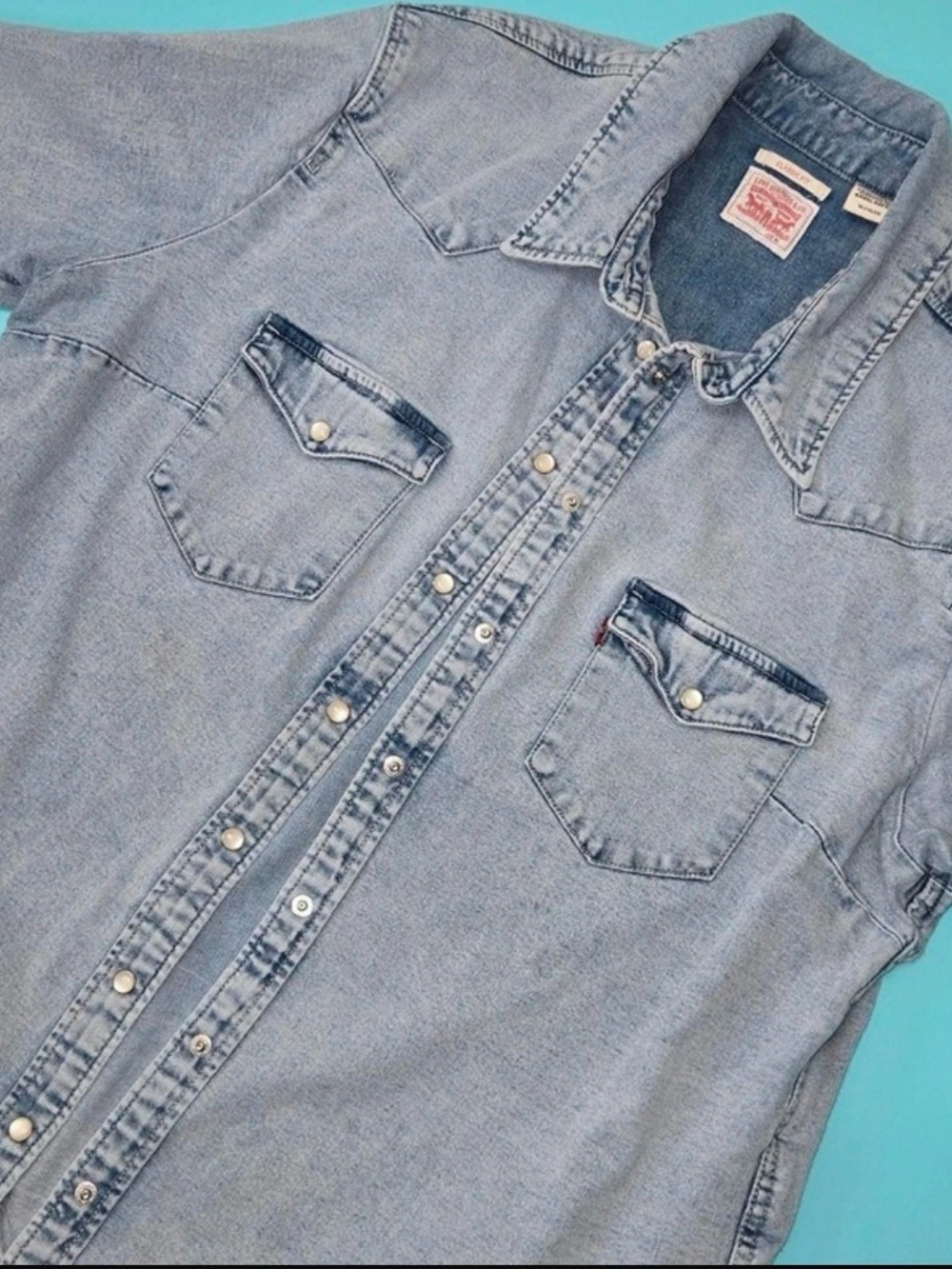 Levi's light blue denim shirt with red logo patch #cotton #distressed #denim XL - Picture 2 of 4